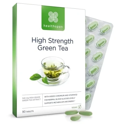 Image of Healthspan High Strength Green Tea (90 Tablets) with Chromium &amp; Vitamin B2 to Maintain Normal Bloody Glucose Levels Protect Cells from Oxidative Stress Vegan