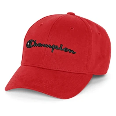 Image of Champion Men&#039;s Hat, Classic Cotton Twill, Baseball, Adjustable Leather Strap Cap, Scarlet 3D Script, One Size