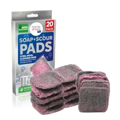 Image of Homeshopa Soap Filled Scourer Pads, 20 Pack Stain and Grease Cutting Scouring Scrubber Durable Long Lasting, Steel Wool Cleaning Scrub for Hob Oven Kitchen Sink