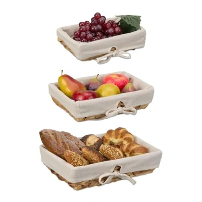 Image of Relaxdays Bread, Set of 3, Different, Fabric Insert, Scandinavian Breakfast Basket, Natural/Cream, Plant fibre, Various sizes
