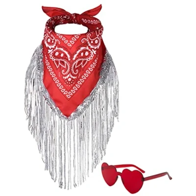 Image of JIANGLAI Fringe Bandana with Heart Sunglasses, Rhinestone Disco Cowgirl Decorations Outfit for Women Bachelorette Party (Red)