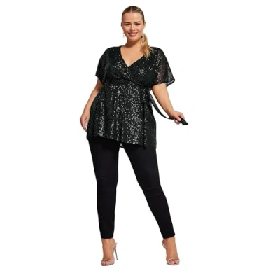 Image of Yours London Curve Sequin Wrap Top Women&#039;s Plus Size Black