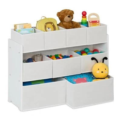 Image of Relaxdays Children&#039;s Storage Unit, 9 Fabric Boxes, 60 x 92 30 cm, Toy Organiser Shelf, Kids Room &amp; Playroom, White, Fleece, Steel, Fibreboard