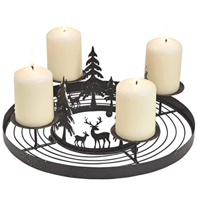 Image of matches21 Metal Advent Wreath with 4 Candle Holders &amp; Forest Deer Arrangement to Decorate Black Diameter 30 x 13 cm