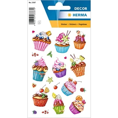 Image of HERMA 3387 Glitter Stickers for Children, Cupcakes (20 Stickers, Foil, Glittery) Self Adhesive, Permanent Adhesive Motif Labels Girls and Boys, Colourful