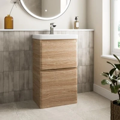 Image of Affine® 500mm Vanity Unit Wash Basin Sink Bathroom Floor Standing Storage Cabinet Cupboard Cloakroom, Soft Close Drawers, Wood Oak Effect