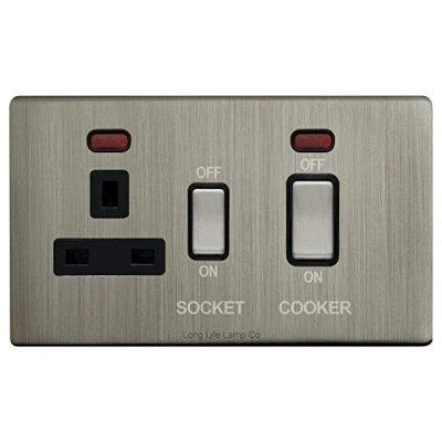 Image of Gloss Brush Chrome 45A Cooker Control Switch Unit with 13A Socket Neon Indicators N331DME Screwless Plate Finish
