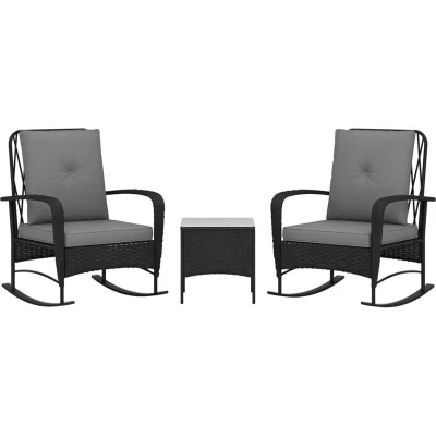Image of Outsunny 3 Pieces Rattan Bistro Set, Wicker Garden Furniture Set with Cushions, Glass Top Coffee Table and Rocking Chairs, Small Balcony for Outdoor, Porch, Black