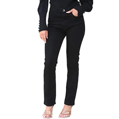 Image of Womens Jeans High Waisted Straight Leg Slim Fit Denim Pants KZL106 Black 10