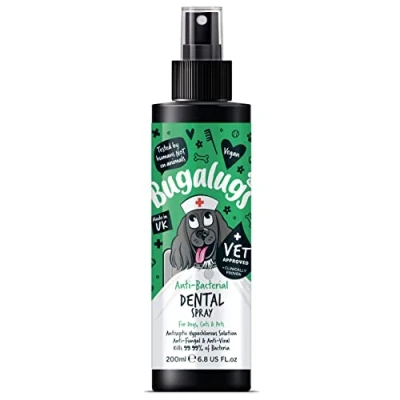 Image of BUGALUGS Dog Breath Freshener Spray &amp; Plaque Remover Natural Teeth Cleaning Products For Bad Breath, Anti Bacterial In Water Mouthwash Dogs Cats