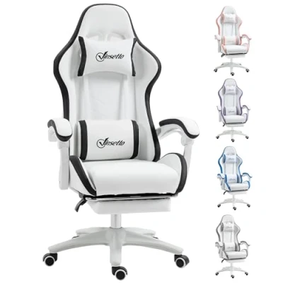 Image of Vinsetto Computer Gaming Chair, PU Leather Desk Chair with Footrest, Swivel Task 135 Reclining Back and Lumbar Support, PC for Adults, White Black