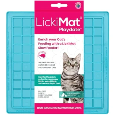 Image of LickiMat Classic Playdate Cat Slow Feeders Lick Mat, Boredom Anxiety Reducer; Perfect for Food, Treats, Yogurt, or Peanut Butter. Fun Alternative to a Feed Bowl Dish, Turquoise