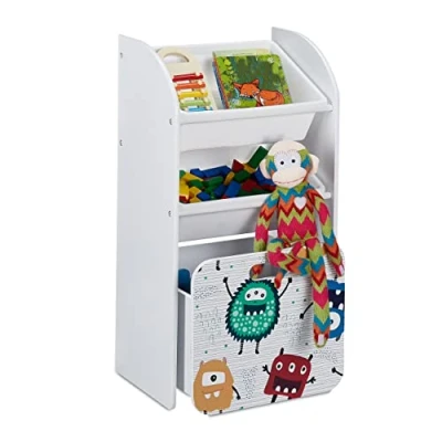 Image of Relaxdays Toy Storage with 3 Shelves, Monster Motif, Box Castors, HxBxT: 80.5x42.5x30 cm, Narrow Kid&#039;s Shelf, White, Fibreboard