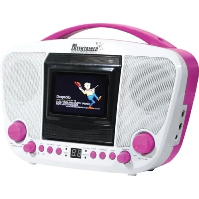 Image of Mr Entertainer Portable CDG Bluetooth Karaoke Player with built in 3.5&quot; monitor &amp; 40 Track 2017 Hits Discs (White/Pink)