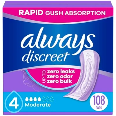 Image of Always Discreet Adult Incontinence Pads for Women, Moderate Absorbency, Regular Length, Postpartum Pads, 108 CT (Packaging May Vary)