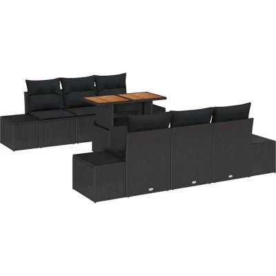 Image of vidaXL 7 Piece Garden Dining Set with Cushions Black Poly Rattan Acacia