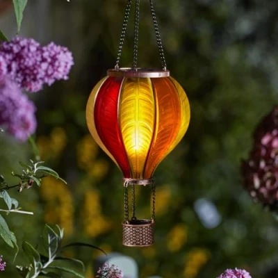 Image of Festive Lights Solar Cool Fiesta Realistic Flame Outdoor Hanging SMD LED Hot Air Balloon Lantern Sunset Stain Glass Flaming Effect Light with Handle (Sunset Lantern)