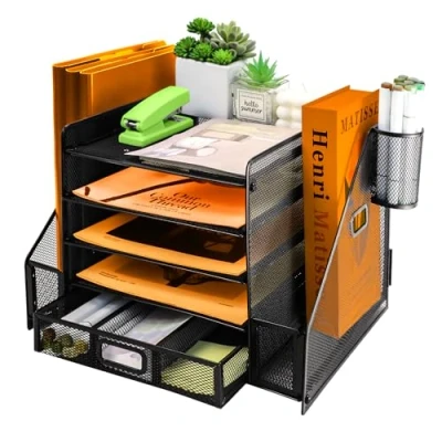 Image of PLSOPPKG 5 Tier Paper Letter Tray with File Holder, Metal Mesh Desk Organiser Drawer and Pen Multifunctional Magazine Document Holder for Home Office