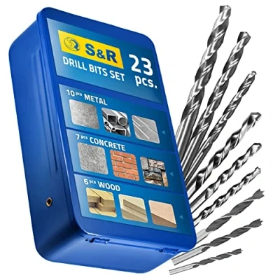 Image of S&amp;R Drill bit set 23 pcs: 6 for wood, 10 metal, 7 concrete in metal box
