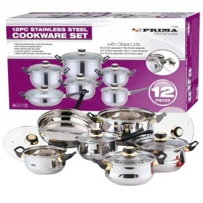Image of 12PC Cookware Set Saucepan, Frying Pan Pot &amp; Casserole Stainless Steel Non Stick, Kitchenware, Glass Lids, Strong Quality, Long Lasting Durable (12 Piece Set)