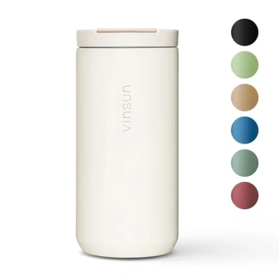 Image of VINSUN Travel Mug 380ml Stainless Steel, Leakproof, Double Walled Hot &amp; Cold Drinks Cream White Coffee with Lid for Travel, Car, University