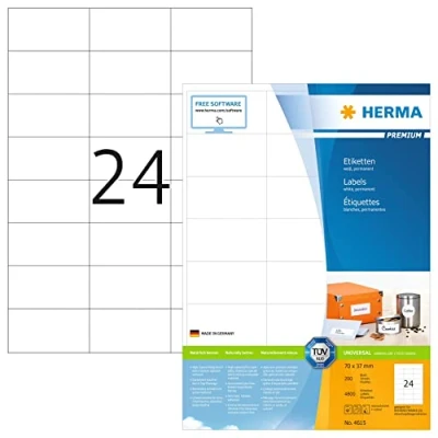 Image of HERMA Self Adhesive Address Labels, 24 Labels per A4 Sheet, 200 Sheets, 70 x 37 mm, 4800 Blank Mailing Stickers, Sticky for Laser &amp; Inkjet Printer, White
