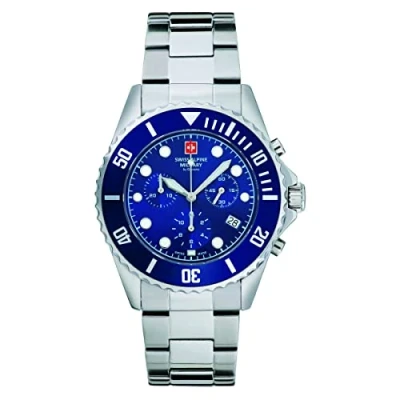 Image of Swiss Alpine Military Men&#039;s Watch Chronograph Analogue Quartz 7053.9 Stainless Steel, Steel/Blue/Blue 9135sam, Bracelet