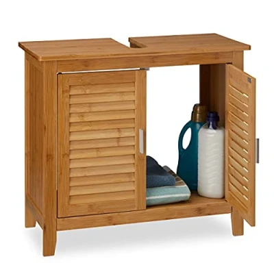 Image of Relaxdays LAMELL Bamboo Bathroom Under Sink Cabinet, 60 x 67 30 cm Strong and Durable Basin Cabinet The Cupboard with Cut Out, Light Brown