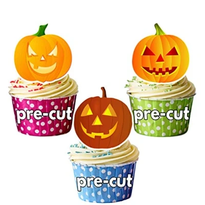Image of AK Giftshop PRE CUT Halloween Glowing Pumpkin Mix Edible Cupcake Toppers/Cake Decorations (Pack of 24)