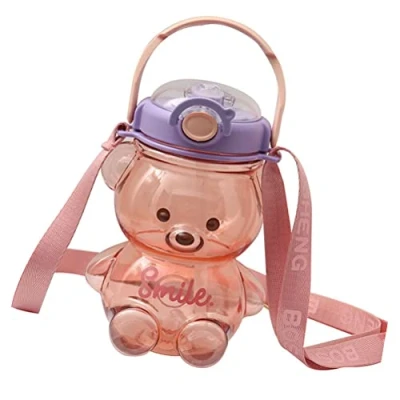 Image of Water Bottle for Kids, Drinking with Straw, Kawaii Bear Portable Cartoon Kids Adjustable Shoulder Strap Outdoor Travel