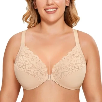 Image of Delimira Women&#039;s Front Fastening Bra Racer Back Lace Plus Size Non Padded Underwired Beige 36F