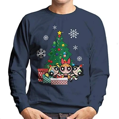 Image of Cloud City 7 Powerpuff Girls Around The Christmas Tree Men&#039;s Sweatshirt Navy Blue