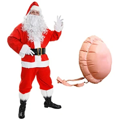 Image of Deluxe Santa Costume With Beard, Glasses and Inflatable Belly 11 Piece Plush Father Christmas Fancy Dress Xmas (Size: X Large)