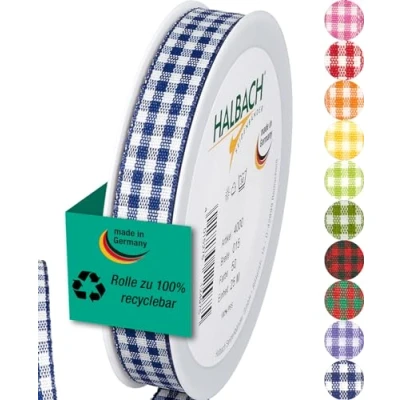 Image of Halbach Seidenbänder Premium Vichy Checked Gift Ribbon (Dark Blue) Width 15 mm Length 25 m Made in Germany Many Colours