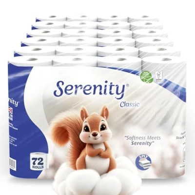 Image of Serenity Soft Quilted Toilet Tissue 3‑Ply Luxuriously Soft, Gentle &amp; Strong Bulk Rolls, Hypoallergenic, Mega Value Pack of 72 Sustainable Dermatologically Tested