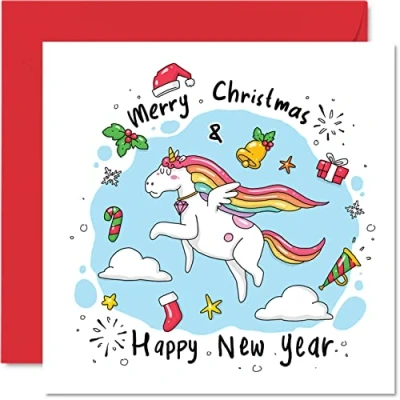 Image of Family Christmas Cards for Women Men Merry Unicorn Happy Xmas Card To All The Sister Brother Cousin Uncle Auntie, 145mm x Single Greeting Gift