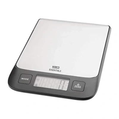 Image of Nisbets Essentials Electronic Scale in Black and Silver Plastic with Stainless Steel Plate &amp; Large Digital Display L220 x W150 H20 mm up to 5 kg