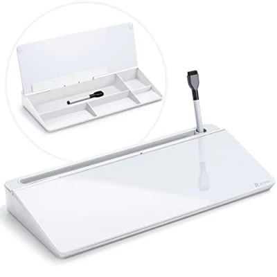 Image of Varhomax Glass Desk Whiteboard with Storage, Buddy to do List Memo Desktop Dry Erase White Board Keyboard Stand Organizers for Home Office and School Supplies