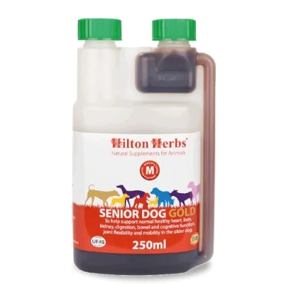 Image of Hilton Herbs Senior Dog Gold Natural Supplement. 100% Ingredients. Supplement For Older Dogs. Dogs With Stiff Joints, Hip Issues and the Heart. Devil’s Claw Hawthorn. 250 ml