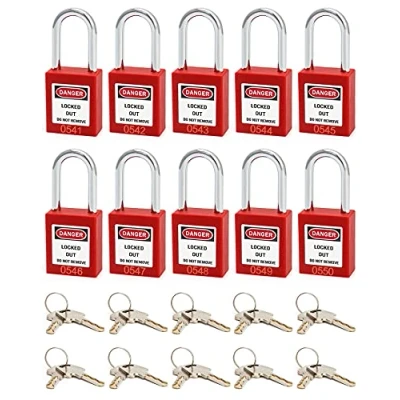 Image of QWORK® Safety Lockout Padlock, 10 Padlocks with 20 Keys, Steel Shackle, Red