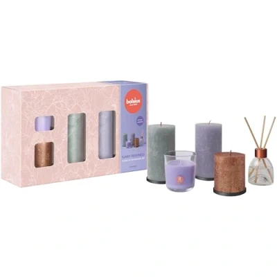 Image of Bolsius Rustic Pillar Candles with Reed Diffuser and Scented Candle Gift Set of 5 Funky Freshness Lavender Decorative Household Long Burning Time Includes Natural Vegan Wax