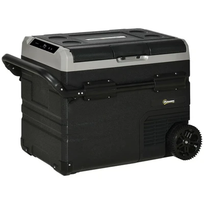 Image of Outsunny 50L Car Refrigerator, Portable Compressor Cooler Box, Fridge Freezer w/Inner LED Light, Foldable Handles, Cup Holders, 12/24V DC and 110 240V AC for Campervan RV Boat Travel Down to 20℃