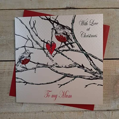 Image of white cotton cards With Love Mum, Handmade Christmas Card (Robin)