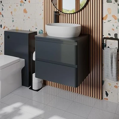 Image of Affine® 600mm Vanity Unit Bathroom Wall Mounted Storage Cabinet Cupboard Cloakroom, Soft Close Drawers, St Tropez White Countertop Basin Sink, Anthracite Matt