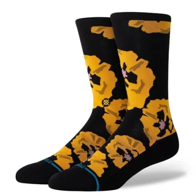 Image of Stance Poppyland Crew Socks Black Yellow Floral Patterned Calf Medium