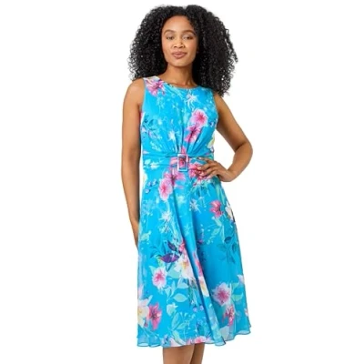 Image of Roman Petite Women Buckle Detail Dress for UK Ladies Spring Everyday Summer Holiday Fit &amp; Flare Soft Round Neckline Comfy Sleeveless Gown Vacation Frocks Turquoise Size 18