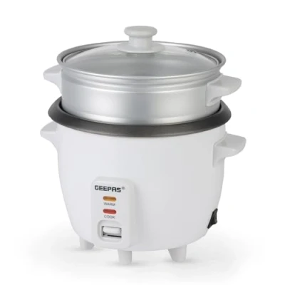 Image of Geepas 300W Rice Cooker &amp; Steamer with Keep Warm Function, 0.6L Automatic Cooking, Non Stick Inner Pot Make Steam Healthy Food Vegetables Includes Measuring Cup Spatula
