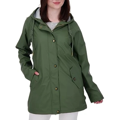 Image of Ankerglut Women&#039;s Damen Friesennerz Regenmantel Regenjacke mit Kapuze Gefüttert Wasserdicht Wetterfest Übergangsjacke #ankerglutnebel Rain Jacket, OLIVE,