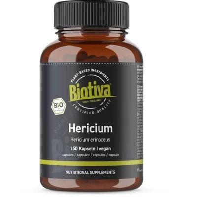 Image of Biotiva Hericium 150 Capsules Organic erinaceus Vegan Packed and Certified in Germany (DE ECO 005) HPMC Capsule