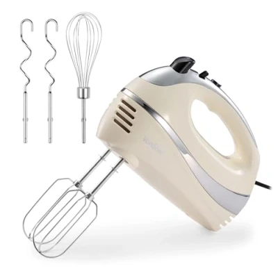Image of VonShef Professional 300W Hand Mixer, Cream, Includes Chrome Beaters, Dough Hooks, Balloon Whisk + 5 Speed with Turbo Button